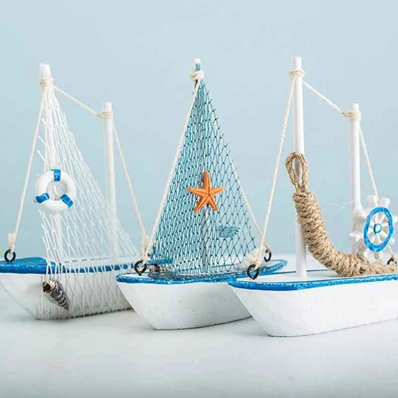 1pc Mini Mediterranean Style Marine Nautical Wooden Blue Sailing Boat Ship Wood Crafts Ornaments Party Room Home Decoration