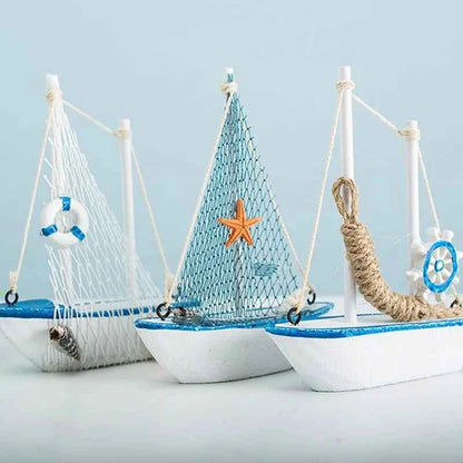 1pc Mini Mediterranean Style Marine Nautical Wooden Blue Sailing Boat Ship Wood Crafts Ornaments Party Room Home Decoration