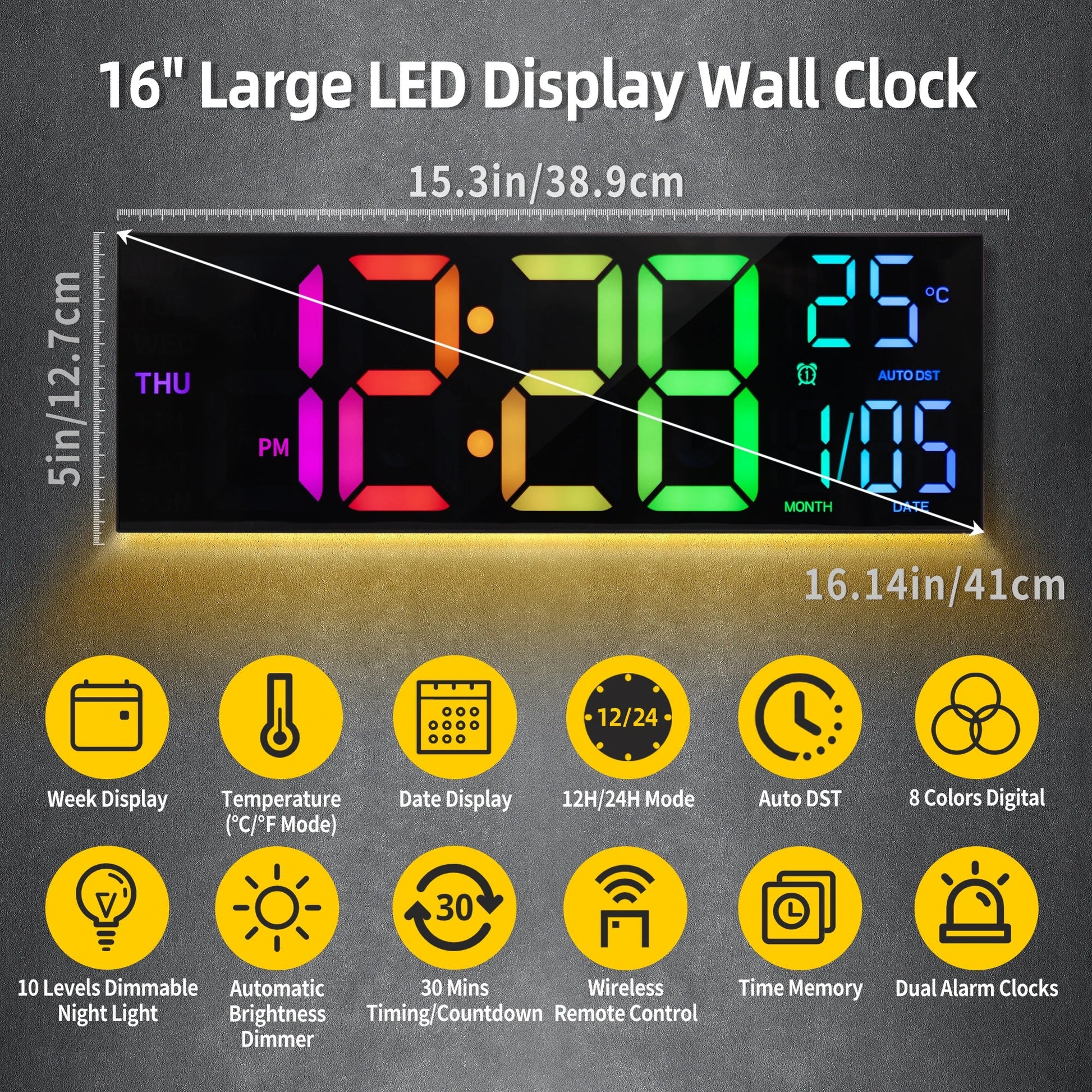 16" Large Digital Wall Clock, Big LED Display with Remote, 8 RGB Color, Alarm, DST, Temperature for Living Room, Kitchen    Home Decor Supply | Online Retail | ShoreShopper.com