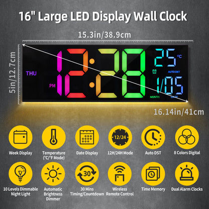 16" Large Digital Wall Clock, Big LED Display with Remote, 8 RGB Color, Alarm, DST, Temperature for Living Room, Kitchen    Home Decor Supply | Online Retail | ShoreShopper.com