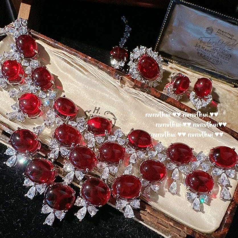 Fashion Women's S925 Silver Jewelry Set Geometric Lab Ruby Necklace Earrings Ring Bracelet Elegant Party Jewelry Wedding Jewelry    Home Decor Supply | Online Retail | ShoreShopper.com