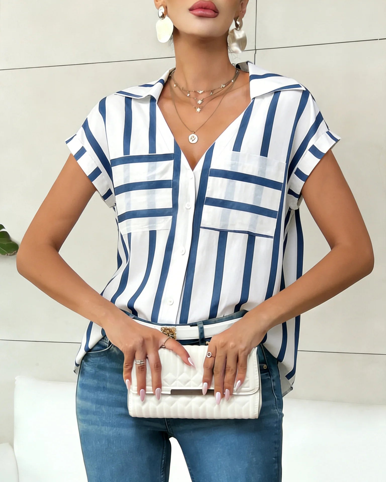 Women's Blouse Shirt Summer Top Navy White Top Vertical Stripe V Neck Short Sleeve Sleek Stylish Daily Shirt Casual Tops    Your Coastal Marketplace | Shoreshopper.com