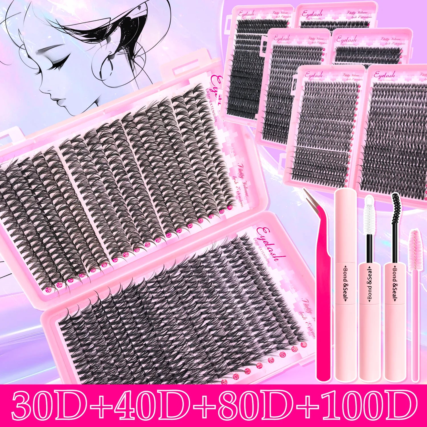 720/200pcs eyelash Extension Kit Fluffy Eyelash Extension kit with Lash Bond and Seal Lash Tweezers Thick Lash Clusters Wispy - ShoreCo.Shop