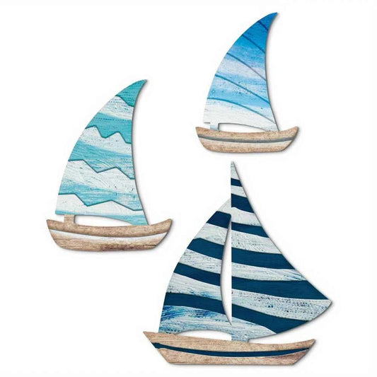 3pcs Blue Wooden Marine-themed Sailboat Wall Ornament Family Farmhouse Cafe Wall Decoration Colorful Printing Decoration Gifts