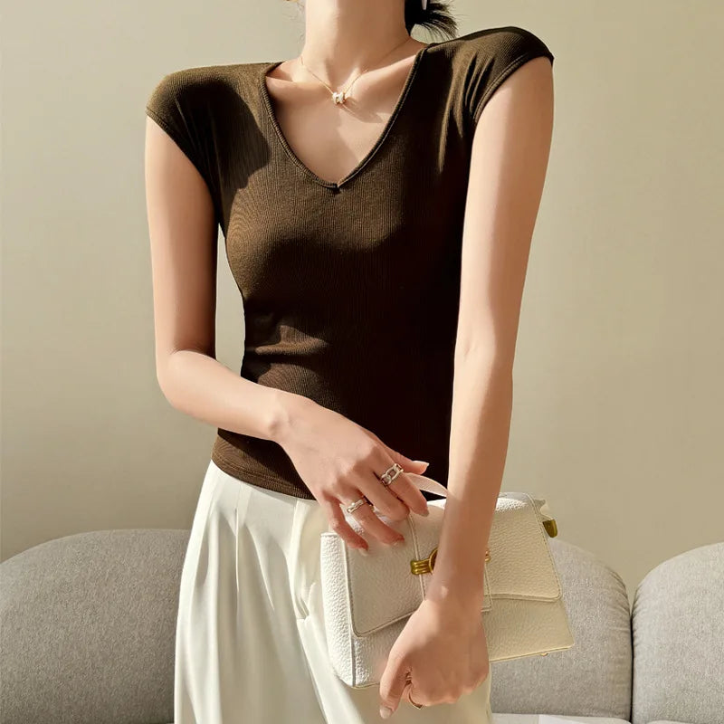 T-shirt for Women 2025 Summer New V-neck Front Shoulder Slim Fit Slim and Hiding Secondary Breast Basic Temperament Top    Your Coastal Marketplace | Shoreshopper.com