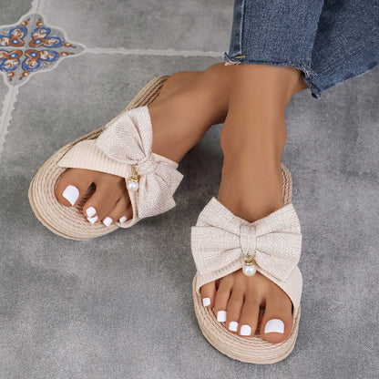 Ladies Sandals Slippers Solid Colour Bow Beach Outer Wear Flat Bottom Large Size Anime Slippers For Women Dressy Sandalias - ShoreCo.Shop