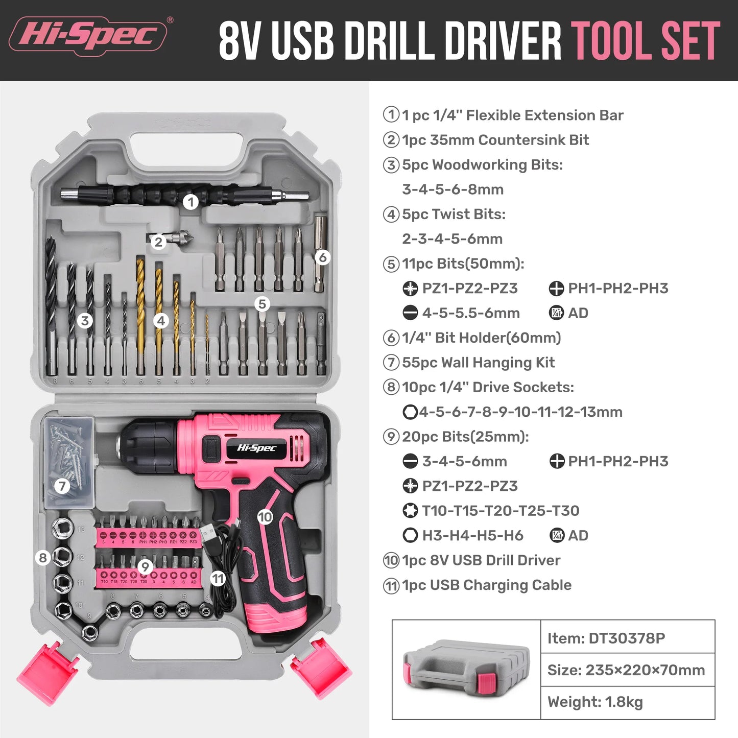 Hi-Spec 92-Piece Pink Home Tool Box Set, Multi-Function Hand Repair Kit with Hammer Cordless Power Drill Combo for Household DIY - ShoreCo.Shop