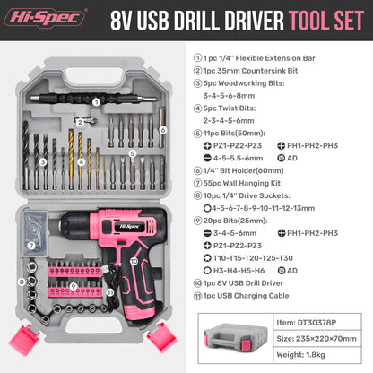 Hi-Spec 92-Piece Pink Home Tool Box Set, Multi-Function Hand Repair Kit with Hammer Cordless Power Drill Combo for Household DIY - ShoreCo.Shop