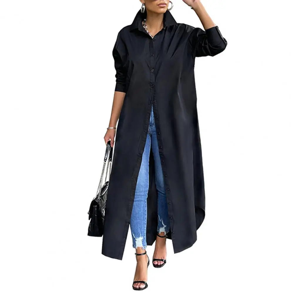 Women Shirt Windproof Shirt Dress Versatile Hem Stylish Autumn Winter Solid Color Shirt Long Dress    Your Coastal Marketplace | Shoreshopper.com