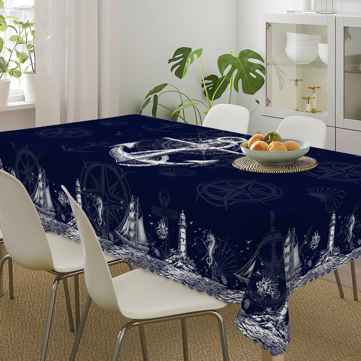 1pc Nautical Theme Tablecloth, Coastal Navy Blue Anchor, Lighthouse, Compass Designs For Spring Summer Decor    Your Coastal Marketplace | Shoreshopper.com