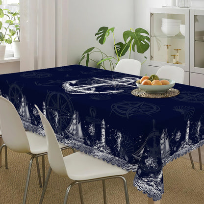 1pc Nautical Theme Tablecloth, Coastal Navy Blue Anchor, Lighthouse, Compass Designs For Spring Summer Decor    Your Coastal Marketplace | Shoreshopper.com