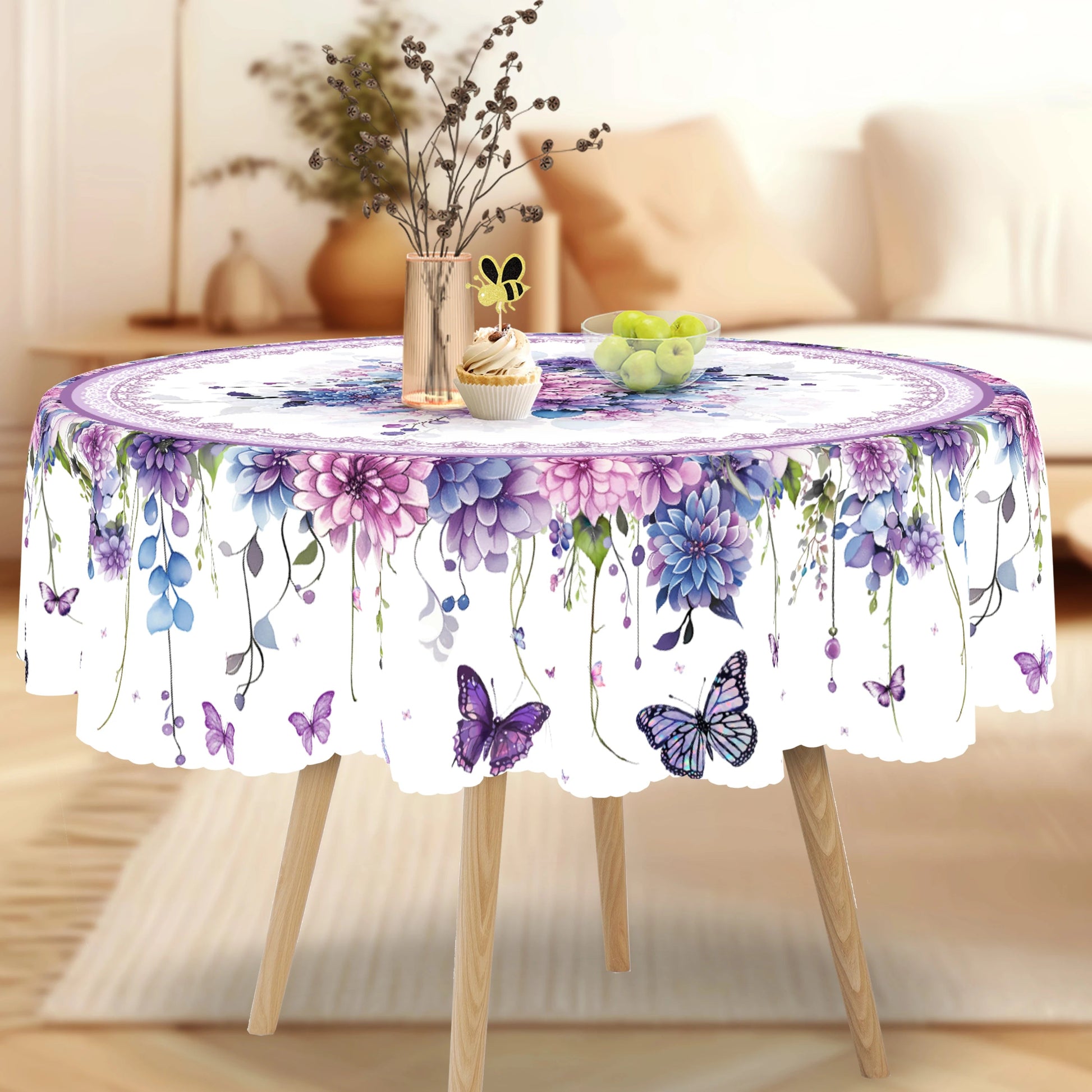 1pc Purple Floral Butterfly Tablecloth, Round & Rectangular Shapes, Perfect for Kitchen, Dining, Yard, Spring Summer Decor    Your Coastal Marketplace | Shoreshopper.com