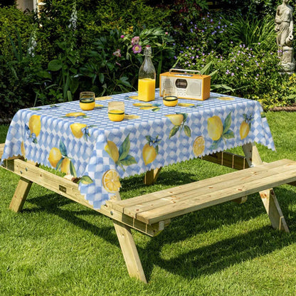 Waterproof Lemon Tablecloth Blue White Check Pattern Summer Decor Kitchen Dining Table Cover for Outdoor Indoor Rustic Style