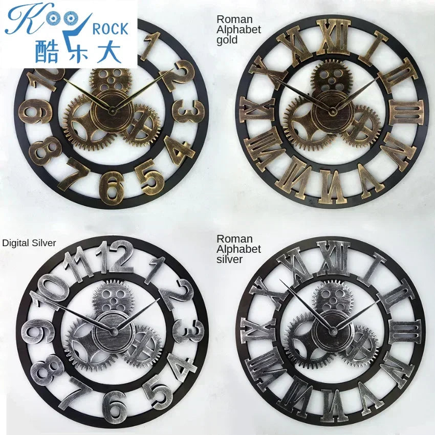 Vintage Style Industrial Wall Clock with Roman Numerals Visible 3D Gears 11"-17" Gold or Silver    Home Decor Supply | Online Retail | ShoreShopper.com