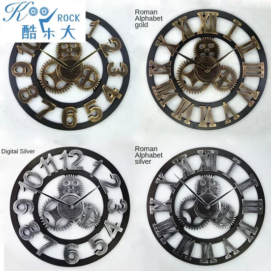 Vintage Style Industrial Wall Clock with Roman Numerals Visible 3D Gears 11"-17" Gold or Silver    Home Decor Supply | Online Retail | ShoreShopper.com