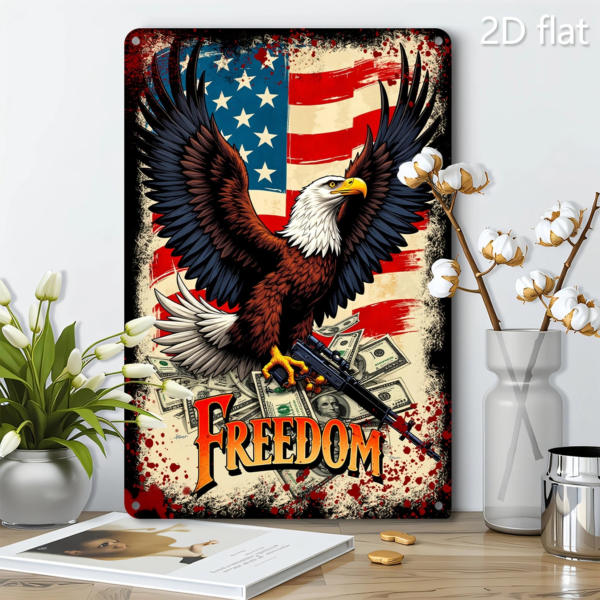 Patriotic Eagle with Guns Metal Wall Art - 8x12 Inch American Flag Design, Durable Iron Sign for Home & Outdoor Decor    Home Decor Supply | Online Retail | ShoreShopper.com
