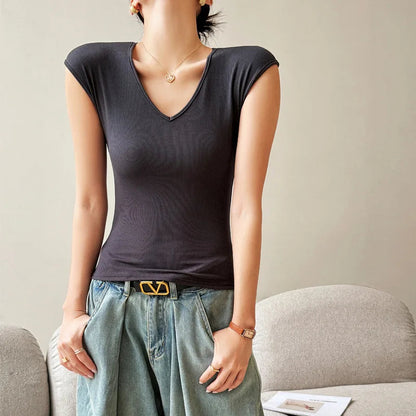 T-shirt for Women 2025 Summer New V-neck Front Shoulder Slim Fit Slim and Hiding Secondary Breast Basic Temperament Top    Your Coastal Marketplace | Shoreshopper.com