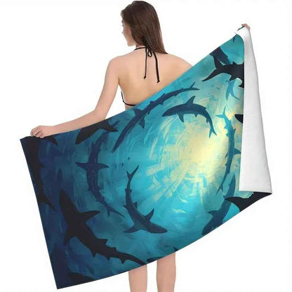 Beach towel shark print pattern sun protection windproof suitable for swimming pool camping travel blanket