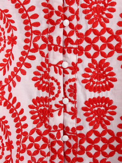 Women Red Floral Embroidered Shirt V Neck Long Sleeve Blouse Down Bohemian T-Shirt Casual Vacation Style Summer Clothing    Your Coastal Marketplace | Shoreshopper.com