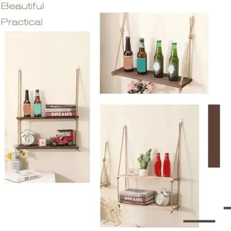 1PC 1/2/3-tier Wooden Floating Shelves for Wall Plant Flower  Hanging Rope Storager Wall Shelf Kitchen Storage    Home Decor Supply | Online Retail | ShoreShopper.com