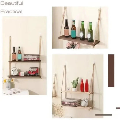 1PC 1/2/3-tier Wooden Floating Shelves for Wall Plant Flower  Hanging Rope Storager Wall Shelf Kitchen Storage    Home Decor Supply | Online Retail | ShoreShopper.com