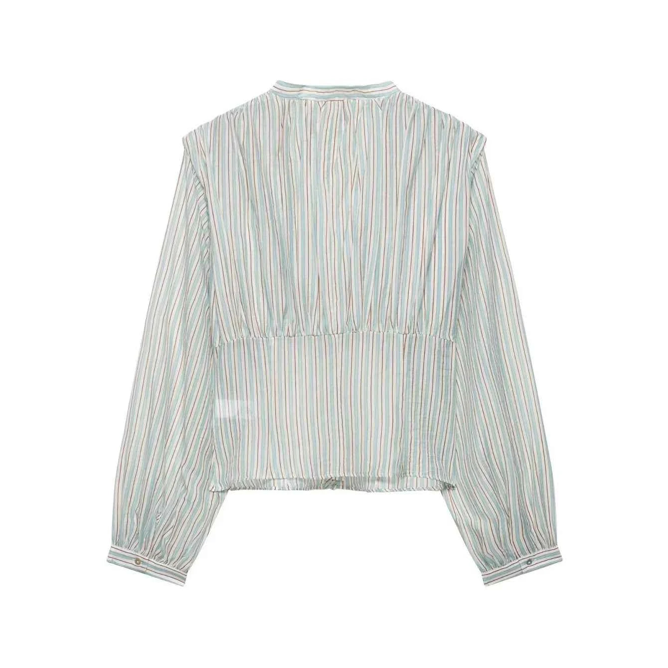 Women Sexy Shirts Spring Summer New Female V-Neck Long Sleeve Shirt Waist-Cinching Striped Tops Lady Chic Casual Holiday Blouses