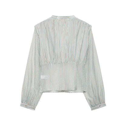 Women Sexy Shirts Spring Summer New Female V-Neck Long Sleeve Shirt Waist-Cinching Striped Tops Lady Chic Casual Holiday Blouses