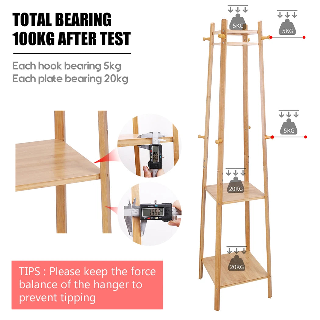 Bamboo Coat Rack Free Standing 2-Shelves Clothing Storage Garment Organizer Stand with 8 Hooks Clothes Poles 55kg Load-bearing f    Home Decor Supply | Online Retail | ShoreShopper.com