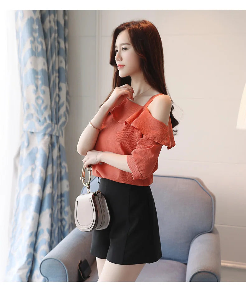 Women's Shirt Tops One-Shoulder Ruffles Short-sleeved Chiffon Blouse    Your Coastal Marketplace | Shoreshopper.com