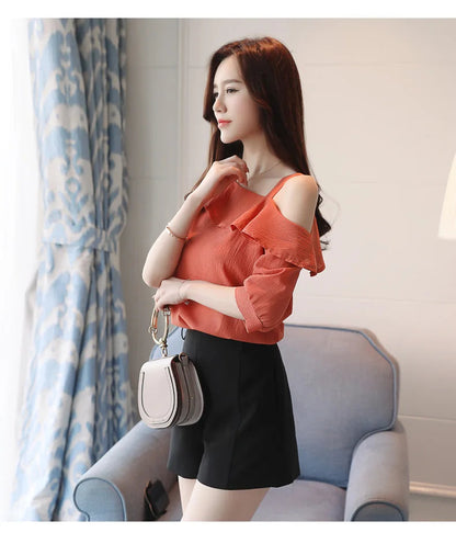 Women's Shirt Tops One-Shoulder Ruffles Short-sleeved Chiffon Blouse    Your Coastal Marketplace | Shoreshopper.com