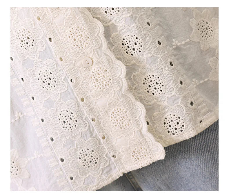Women'S Shirt Spring Hollow Lace Ruffles O Neck Elegant Apricot Tops Long Sleeve Embroidered Cotton Shirt Vitnage Office Lady    Your Coastal Marketplace | Shoreshopper.com