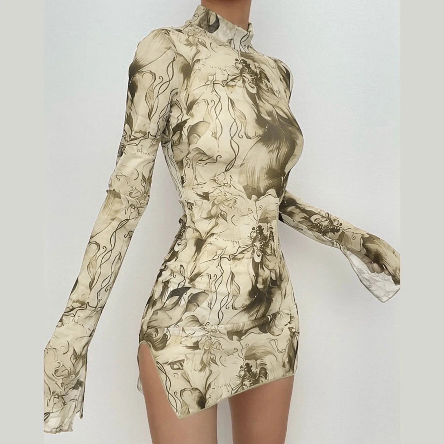 Top Selling Mesh Printed Round Neck Womens Dresses For Teens Plus Size Bell Sleeve Side Open Hip Dress Vestidos Para Mujer    Home Decor Supply | Online Retail | ShoreShopper.com