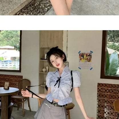 Bow-rinked Striped Shirt for Women Summer French Sweet and Spicy Puff Sleeve Shirt Short Short Sleeve Top    Home Decor Supply | Online Retail | ShoreShopper.com