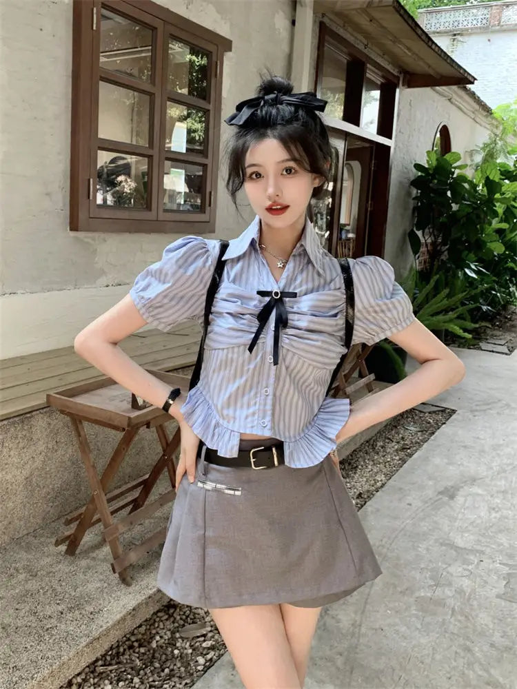 Bow-rinked Striped Shirt for Women Summer French Sweet and Spicy Puff Sleeve Shirt Short Short Sleeve Top    Home Decor Supply | Online Retail | ShoreShopper.com