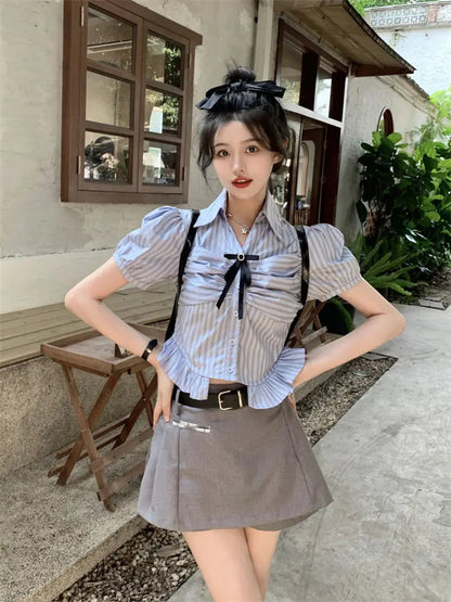Bow-rinked Striped Shirt for Women Summer French Sweet and Spicy Puff Sleeve Shirt Short Short Sleeve Top    Home Decor Supply | Online Retail | ShoreShopper.com