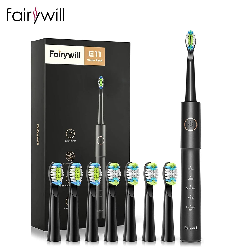 Fairywill Sonic Electric Toothbrush E11 Waterproof USB Charge Rechargeable Electric Toothbrush 8 Brush Replacement Heads Adult - ShoreCo.Shop