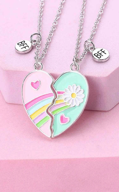 Cute Best Friends Heart Magnetic Necklace Rainbow Flower BFF Necklaces For Girls Friendship Jewelry Gifts