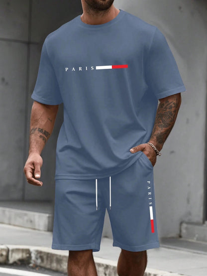 Paris Letter Print Men Spring and Summer Two Pieces Set Casual Round Neck Short Sleeve T-shirt Shorts Sport Suit Print Clothing    Home Decor Supply | Online Retail | ShoreShopper.com