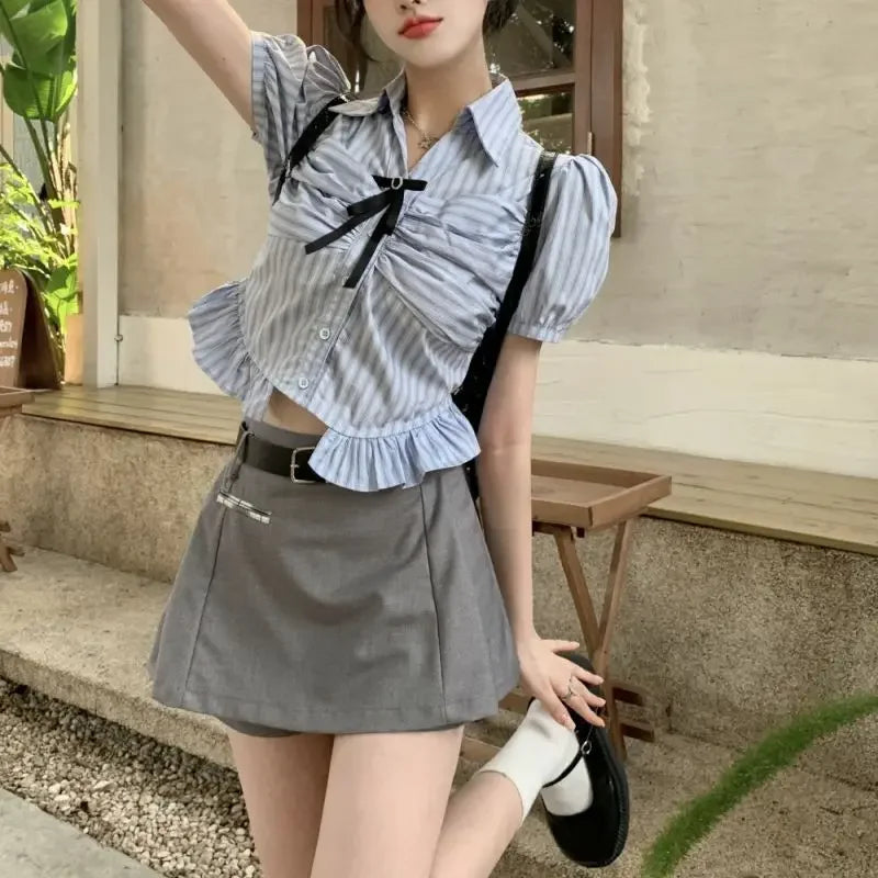 Bow-rinked Striped Shirt for Women Summer French Sweet and Spicy Puff Sleeve Shirt Short Short Sleeve Top    Home Decor Supply | Online Retail | ShoreShopper.com