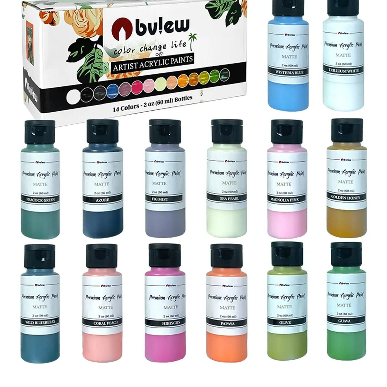 Bview Art 14-Color 2oz (60ml) Professional Acrylic Paint Set - Artist Grade Supplies for Canvas, Fabric, Wood Art Projects    Home Decor Supply | Online Retail | ShoreShopper.com