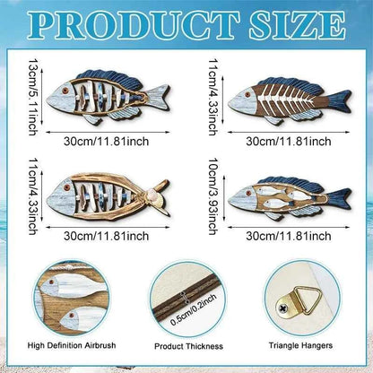 4pcs/set Ocean Fish Wall Decor Wooden Carving Art Marine Style Wood Wall Hanging Sculpture for Home Room Decoration