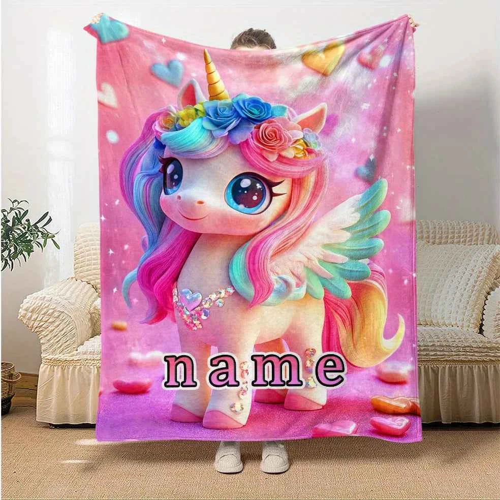 Customizable unicorn blanket with sparkling rainbow mane, soft and lightweight pink flannel blanket, personalized name options