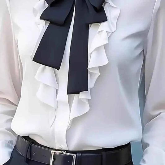 Women Shirts 2026 Spring Autumn Women Shirt Lapel Bow Ruffle Design Long Sleeve Shirt Tops Buttons Closure Shirt Blouses Tops