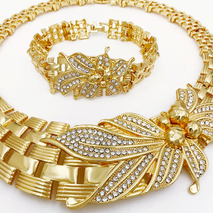 YTJX Wedding Jewelry Set Africal Big Flower Choker Necklace Fine Zircon Bracelet Piercing Earring Ring 18K Gold Plated Jewellery    Home Decor Supply | Online Retail | ShoreShopper.com