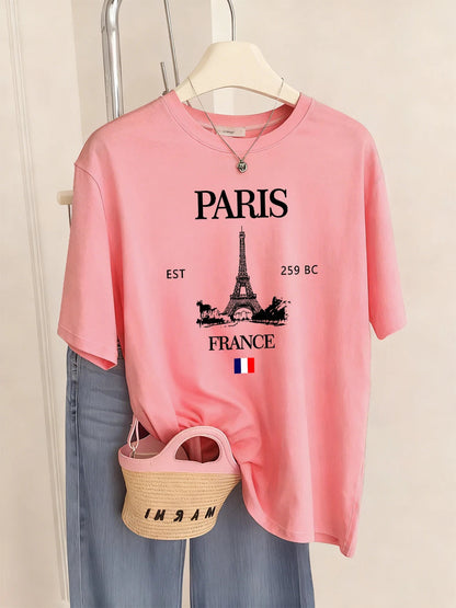 Paris France Eiffel Tower Prints T-Shirts Women Summer Basic Short Sleeve Tops O-Neck Loose T Shirts Basics Soft Womans Clothes    Home Decor Supply | Online Retail | ShoreShopper.com