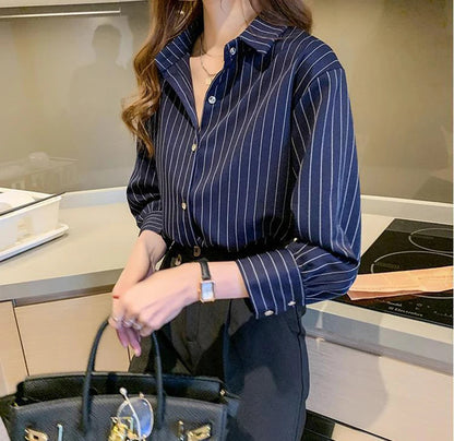 Striped Shirt Women Summer Vintage Chic Loose Long Sleeve Top Y2K Office Ladies Fashion Casual Turn Down Collar All Match Blouse    Your Coastal Marketplace | Shoreshopper.com