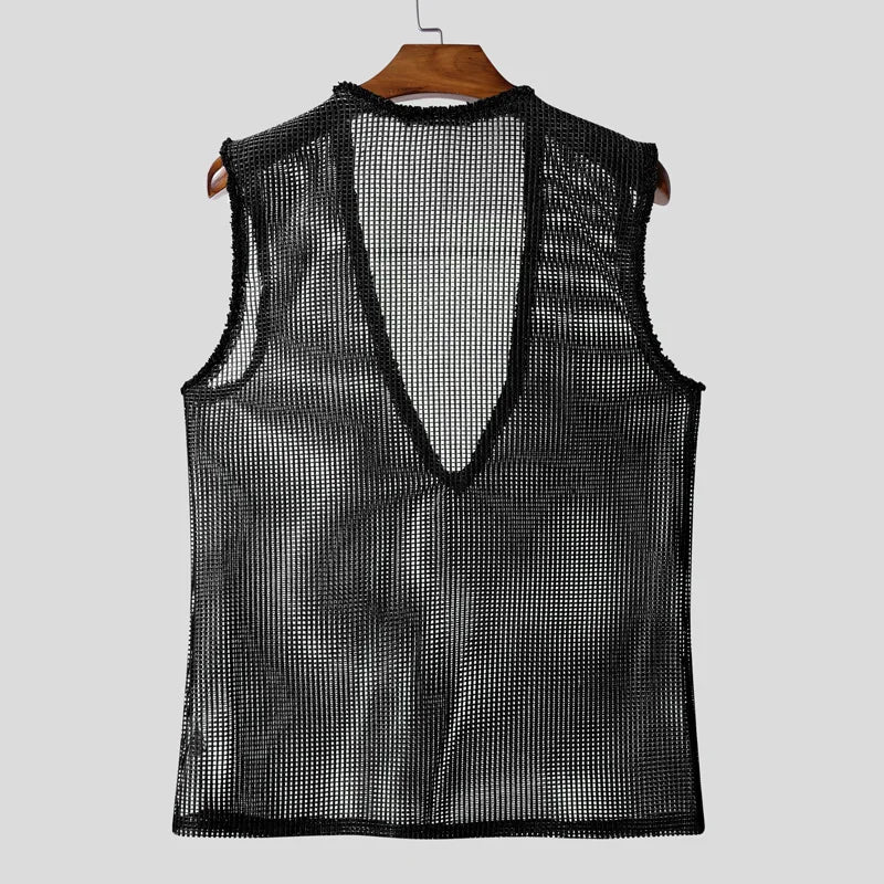 INCERUN Men Tank Tops Hollow Out Mesh See Through Sexy Tassel Male Vests Summer 2025 Solid Color Fashion Streetwear Men Clothing - ShoreCo.Shop
