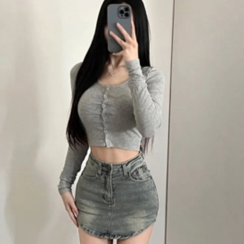 Single Breasted Tshirt Long Sleeve Crop Top Solid Color T Shirts For Women Streetwear Slim Fit Lady Outfit Camisetas Ropa Mujer    Your Coastal Marketplace | Shoreshopper.com