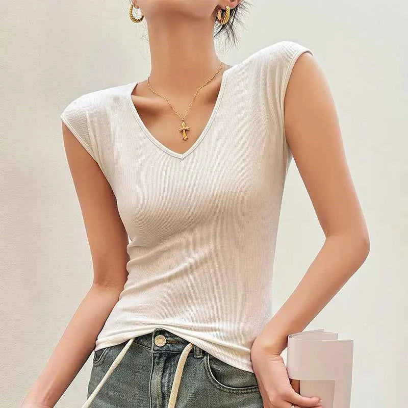 T-shirt for Women 2025 Summer New V-neck Front Shoulder Slim Fit Slim and Hiding Secondary Breast Basic Temperament Top