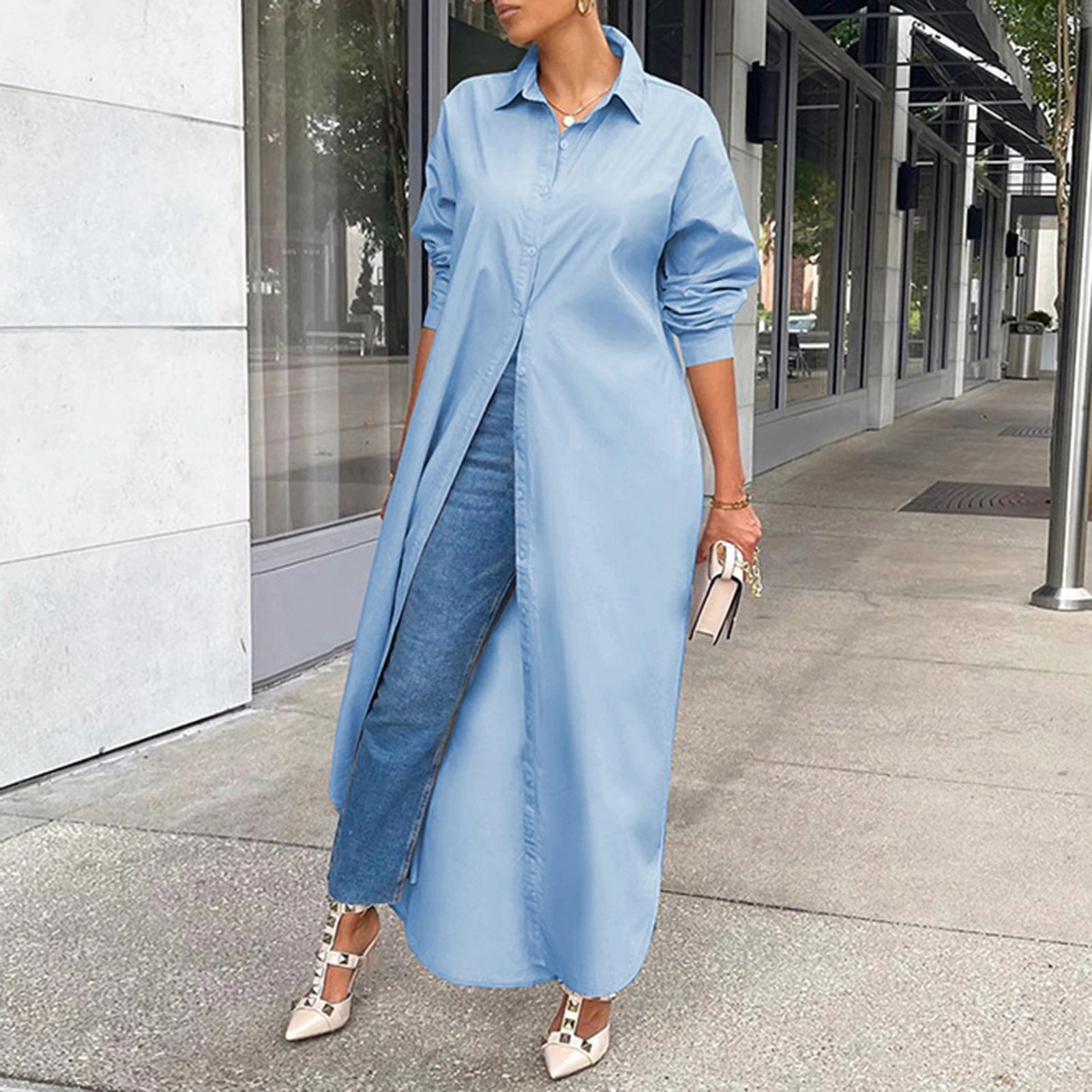 Women Shirt Windproof Shirt Dress Versatile Hem Stylish Autumn Winter Solid Color Shirt Long Dress    Your Coastal Marketplace | Shoreshopper.com